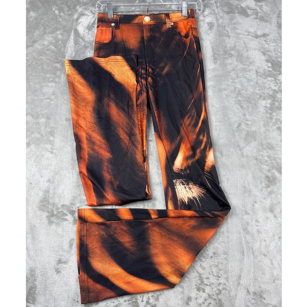 JOCACY Womens Tiger Print Flare Pants Orange Black Animal Graphic Trousers S
